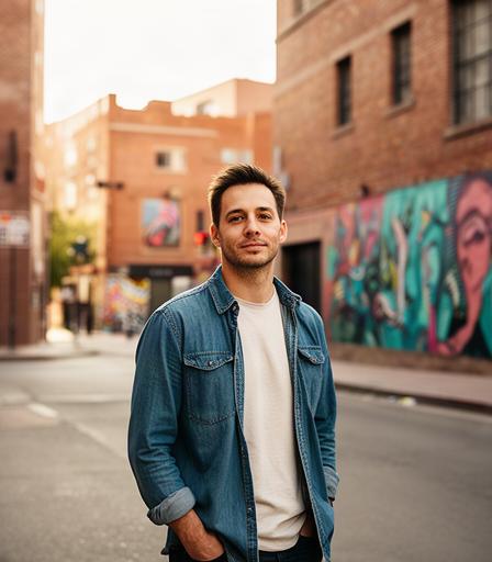 AI creator standing on a sunny Denver street near RiNo with brick buildings and street art in the background, casual confident pose