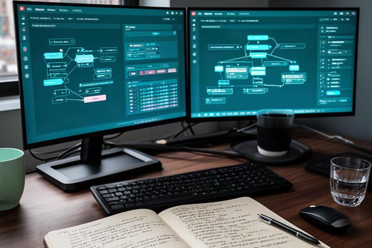 AI creator workspace in Denvor with dual monitors showing tool dashbords and a notebook filled with experiment notes on a wooden desk